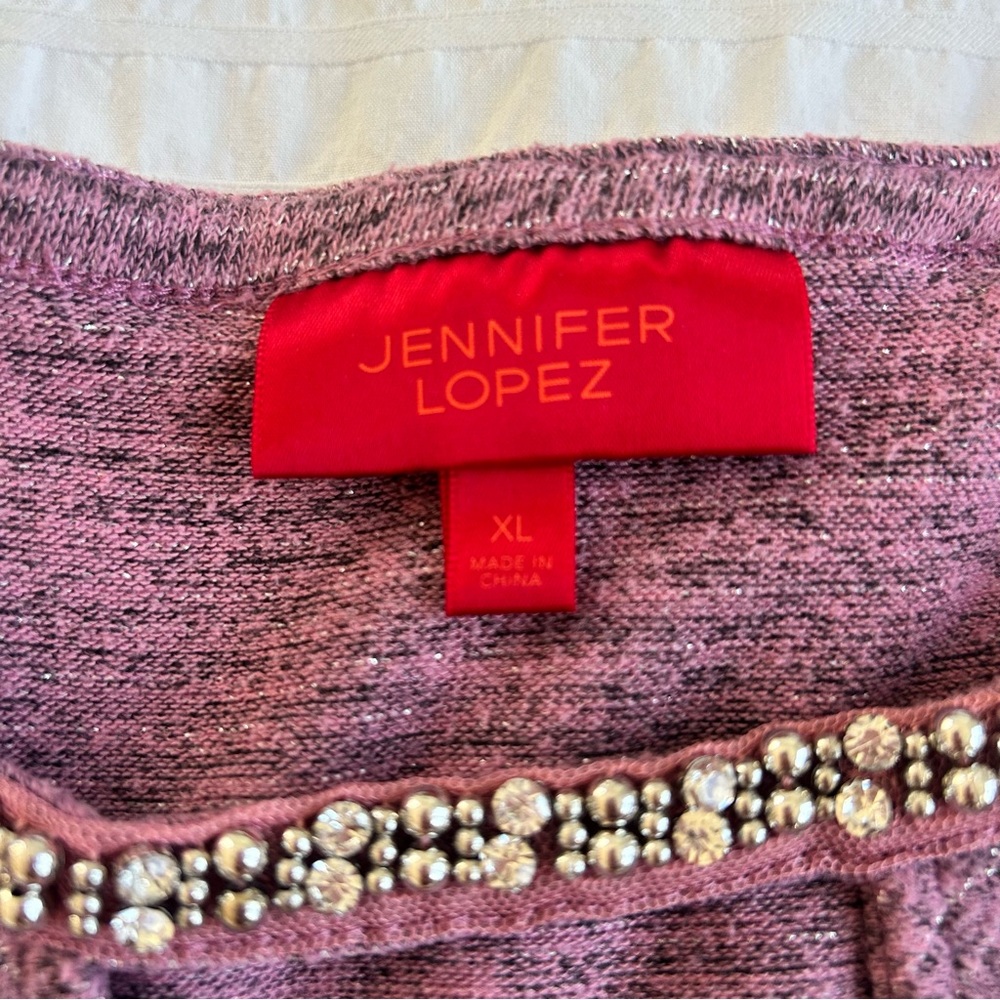 Jennifer Lopez XL Sparkle Knit Top Purple Beaded Neckline Long Sleeve Blouse W18 - Picture 2 of 6